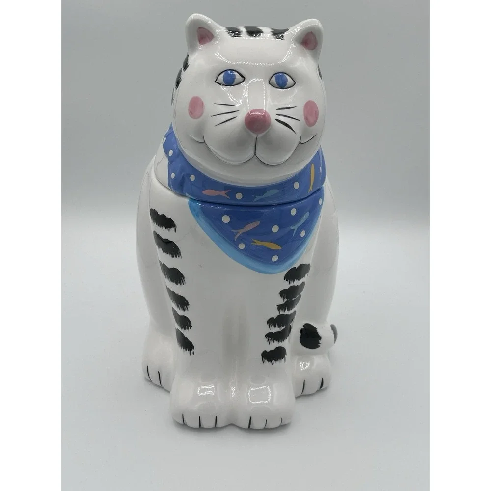 Vtg CoCo Dowley Cat Cookie Jar 1990 Blue Scarf Collectible Eye-Catching Decor